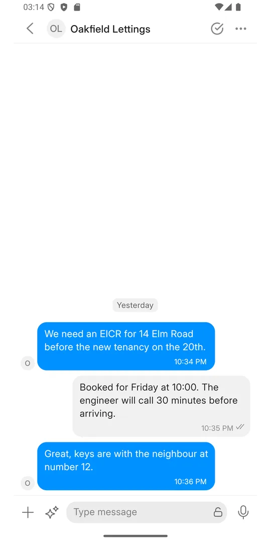A conversation with a letting agent booking an EICR in Dynamik Messenger